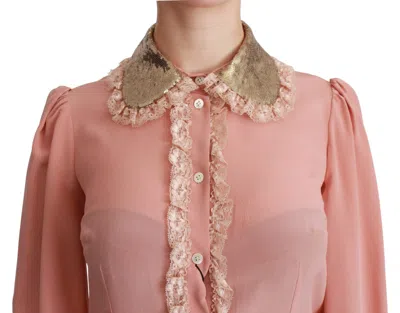 Dolce & Gabbana Elegant Pink Lace Silk Blouse With Gold Sequins In Gold