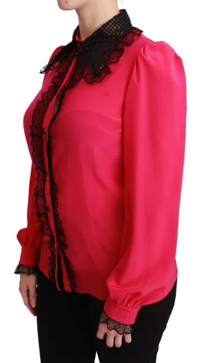 Dolce & Gabbana Silk Blend Lace Detail Blouse In Pink In Pink