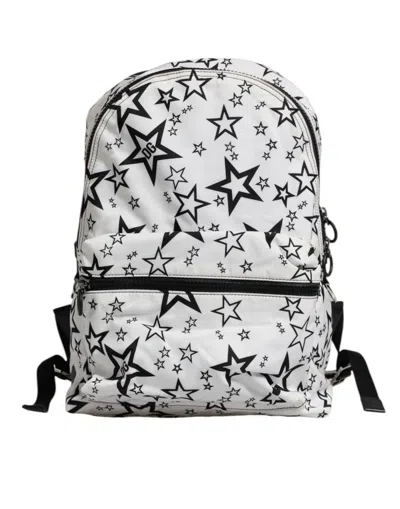 Pre-owned Dolce & Gabbana White Dg Stars Print Nylon School Backpack Men's Bag () In Black/white