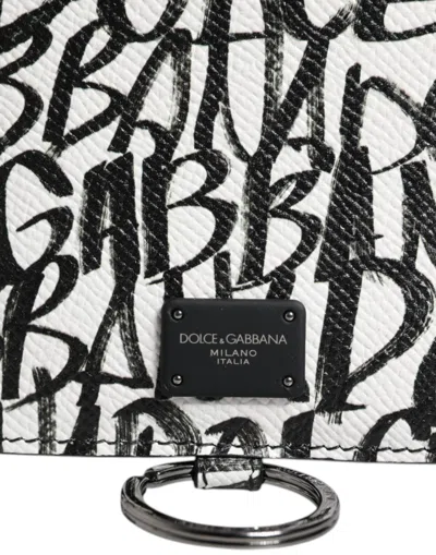 Dolce & Gabbana White Leather Lanyard Logo Print Card Holder Wallet In Black/white