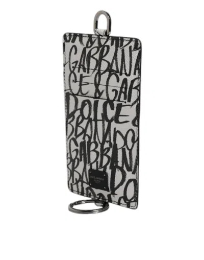 Dolce & Gabbana White Leather Lanyard Logo Print Card Holder Wallet In Black/white