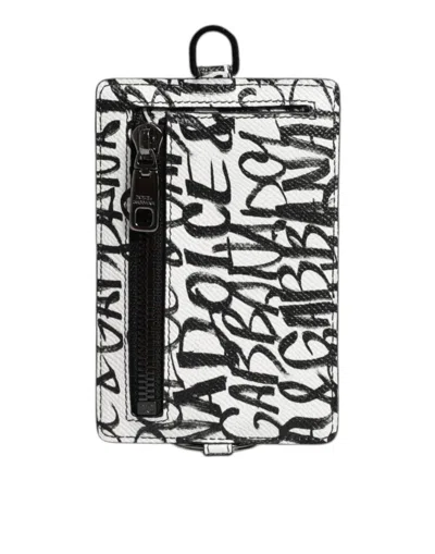 Dolce & Gabbana White Leather Lanyard Logo Print Card Holder Wallet In Black/white