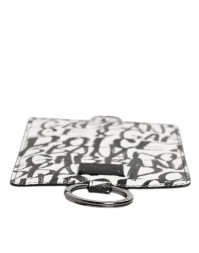 Dolce & Gabbana White Leather Lanyard Logo Print Card Holder Wallet In Black/white