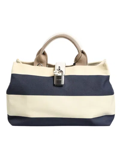 Pre-owned Dolce & Gabbana White Navy Striped Canvas Top Handle Tote Women's Bag () In Blue And White