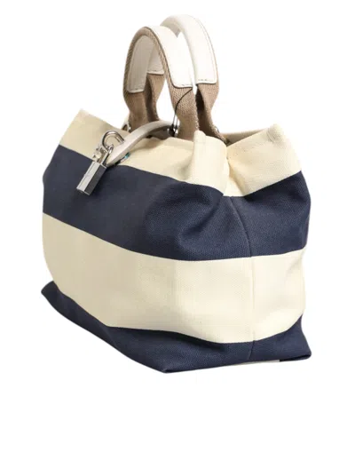 Pre-owned Dolce & Gabbana White Navy Striped Canvas Top Handle Tote Women's Bag () In Blue And White