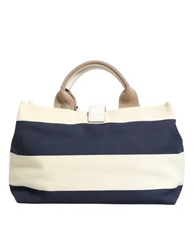 Pre-owned Dolce & Gabbana White Navy Striped Canvas Top Handle Tote Women's Bag () In Blue And White