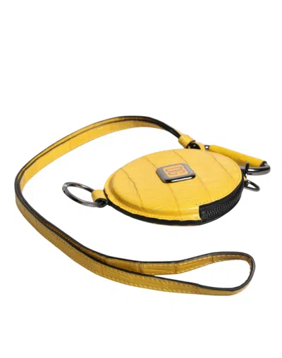 Dolce & Gabbana Yellow Round Leather Dg Logo Coin Purse Lanyard Wallet In Yellow