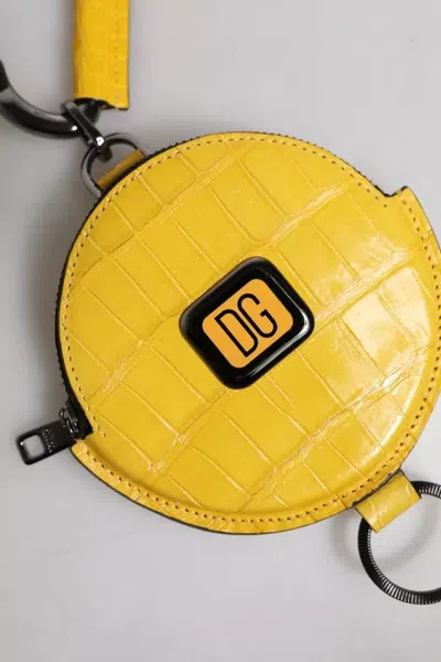 Dolce & Gabbana Yellow Round Leather Dg Logo Coin Purse Lanyard Wallet In Yellow