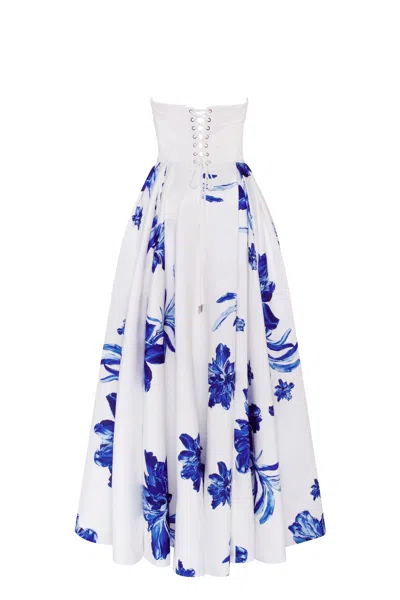 Milla Wonderful White A-line Maxi Dress With Blue Flowers, Glow-up