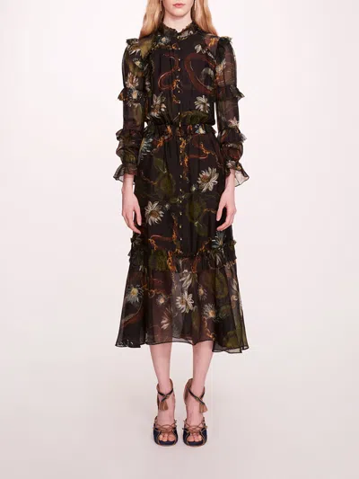 Marchesa Silk Lily Midi Dress In Black Multi