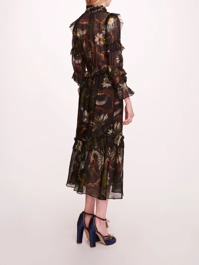 Marchesa Silk Lily Midi Dress In Black Multi