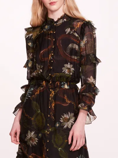 Marchesa Silk Lily Midi Dress In Black Multi