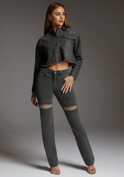 Bebe The Crop With Embellished Yoke In Grey Wash
