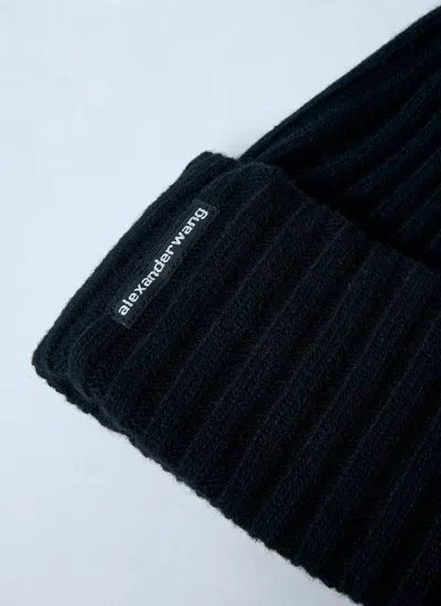Alexander Wang Dome Logo Beanie In Ribbed Wool Stretch In Black