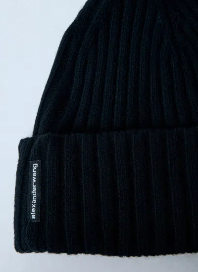 Alexander Wang Dome Logo Beanie In Ribbed Wool Stretch In Black