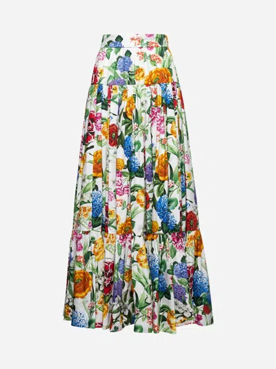 Dolce & Gabbana Multicolor Maxi Skirt With Logo Lettering Detail On The Front And All-over Floral Print In Cotton Wo