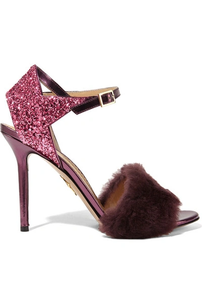 Shop Charlotte Olympia Capella Shearling And Glittered Metallic Leather Sandals
