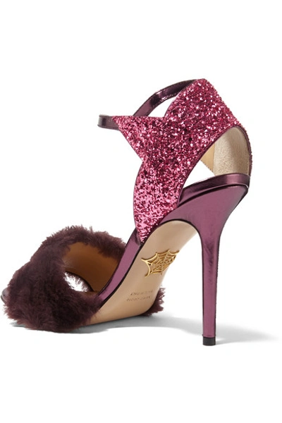 Shop Charlotte Olympia Capella Shearling And Glittered Metallic Leather Sandals