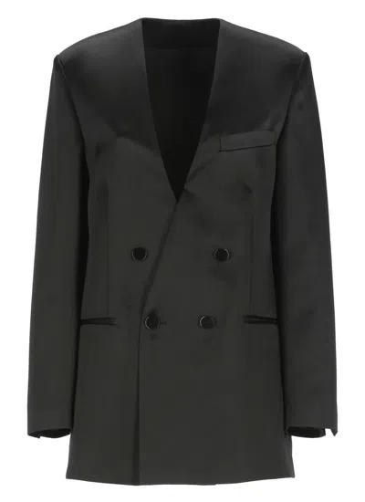Philosophy Di Lorenzo Serafini V-neck Satin Blazer With Double-breasted Closure In Black