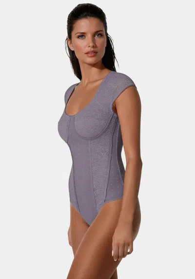 Bebe Swiss Dot Lace Bodysuit In Purple Ash