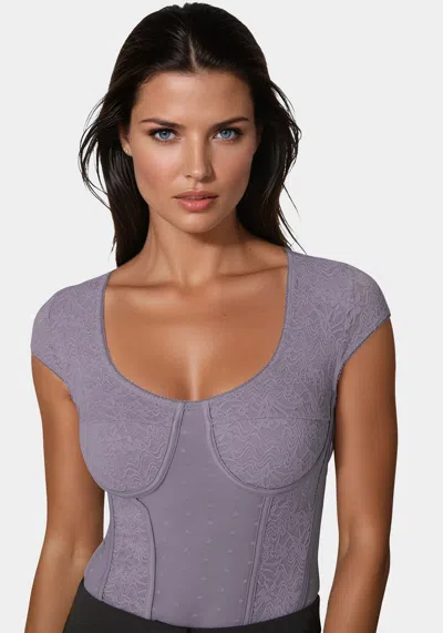Bebe Swiss Dot Lace Bodysuit In Purple Ash