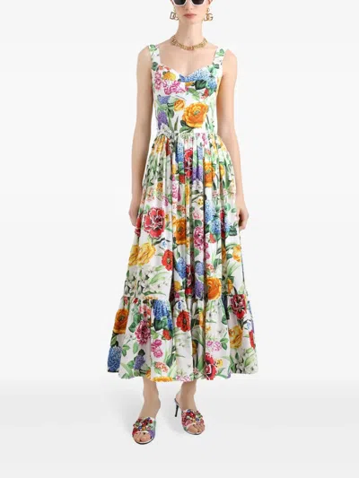 Dolce & Gabbana Multicolor Long Dress With All-over Floral Print In Cotton Woman