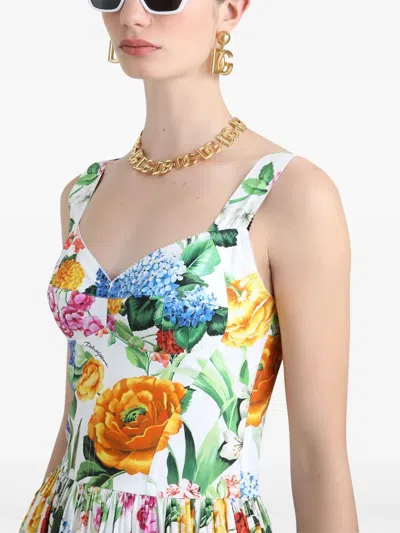 Dolce & Gabbana Multicolor Long Dress With All-over Floral Print In Cotton Woman