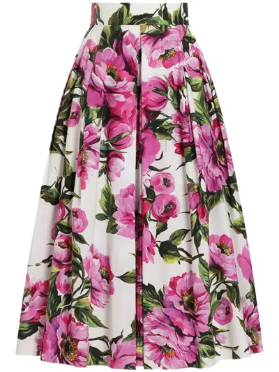 Dolce & Gabbana Womens Peonie Fuxia F.bco Floral-print Cotton Midi Skirt