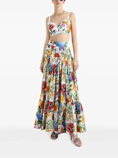 Dolce & Gabbana Multicolor Maxi Skirt With Logo Lettering Detail On The Front And All-over Floral Print In Cotton Wo