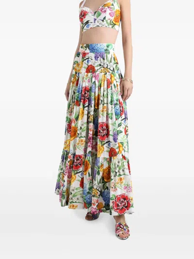 Dolce & Gabbana Multicolor Maxi Skirt With Logo Lettering Detail On The Front And All-over Floral Print In Cotton Wo