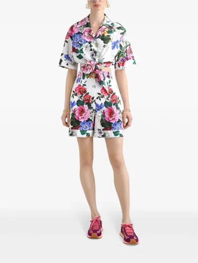 Dolce & Gabbana Multicolor Crop Shirt With All-over Floral Motif And Logo Lettering Detail On The Front In Cotton Wo