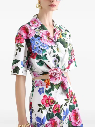 Dolce & Gabbana Multicolor Crop Shirt With All-over Floral Motif And Logo Lettering Detail On The Front In Cotton Wo