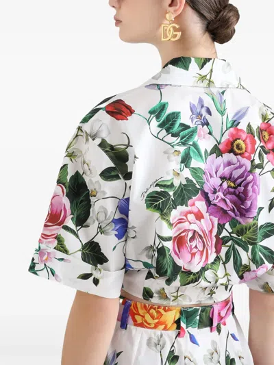 Dolce & Gabbana Multicolor Crop Shirt With All-over Floral Motif And Logo Lettering Detail On The Front In Cotton Wo