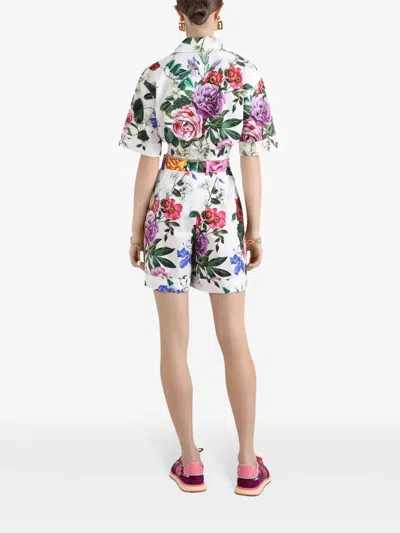 Dolce & Gabbana Multicolor Crop Shirt With All-over Floral Motif And Logo Lettering Detail On The Front In Cotton Wo