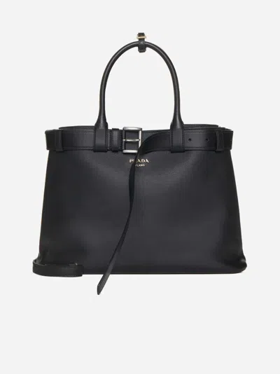 Prada Buckle Leather Large Tote Bag In Black