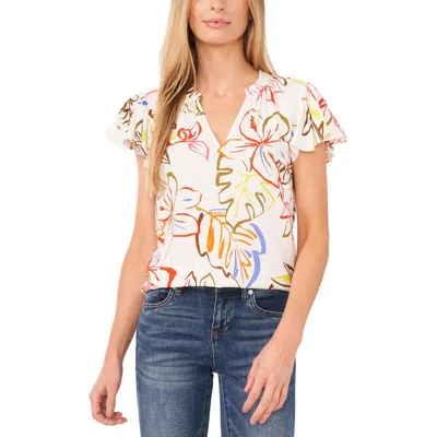 Cece Floral Print Flutter Sleeve Top In White