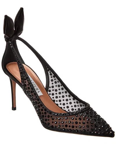 Aquazzura Bow Tie 105 Crystal Tulle Pointed-toe Flats In Black