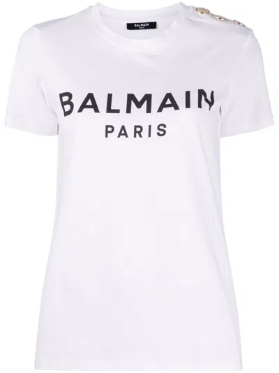 Balmain White Crewneck T-shirt With Logo Print And Golden Buttons In Jersey Woman In White