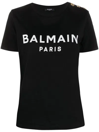 Balmain Black Crewneck T-shirt With Logo Print And Golden Buttons In Jersey Woman In Black