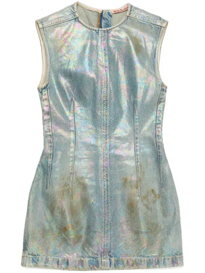 Acne Studios Distressed Foiled Denim Mini Dress In Blue