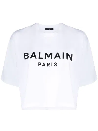 Balmain Logo Cotton Jersey Cropped T-shirt In White