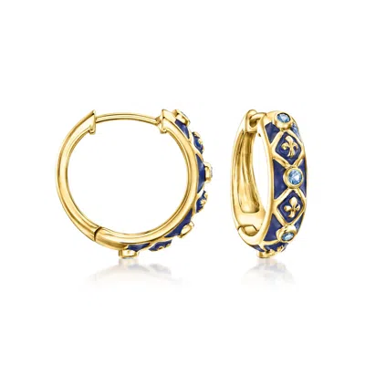 Ross-simons Sapphire And Blue Enamel Fleur-de-lis Hoop Earrings In 18kt Gold Over Sterling In Blue