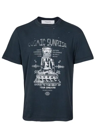 Golden Goose Grey T-shirt With Graphic Print On The Front And Details With Tears In Cotton Man In Washed Black