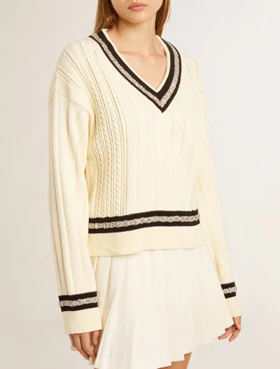 Golden Goose Cropped Sweater With Woven Pattern In Heritage White/dark Blue