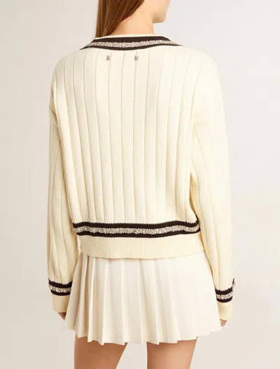 Golden Goose Cropped Sweater With Woven Pattern In Heritage White/dark Blue