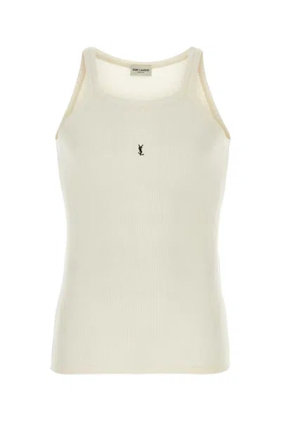 Saint Laurent White Tank Top With Cassandre Detail In Ribbed Cotton Man
