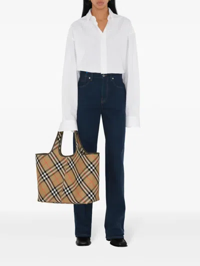 Burberry Check Pattern Tote With Calfskin Trim