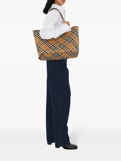 Burberry Check Pattern Tote With Calfskin Trim