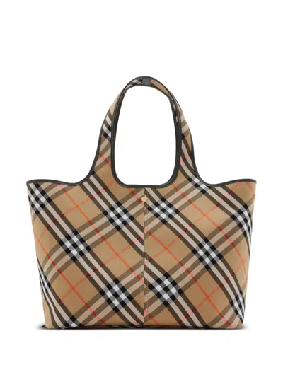 Burberry Check Pattern Tote With Calfskin Trim