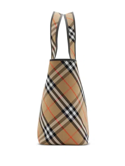 Burberry Check Pattern Tote With Calfskin Trim